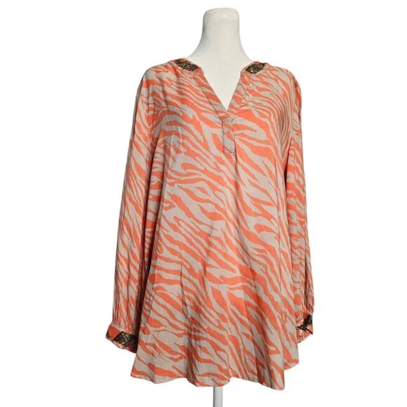 Chico's Embellished Neck Tunic Women's SZ 2P 12/14 Large Zebra Nectarine Blouse - Picture 3 of 14
